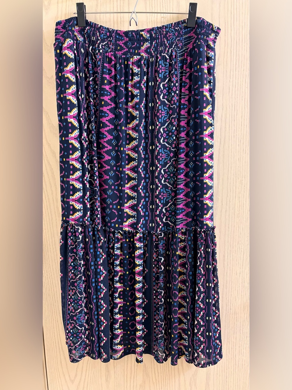 Knox Rose Navy Tiered Maxi Skirt with Pink & Blue Boho/Tribal Print